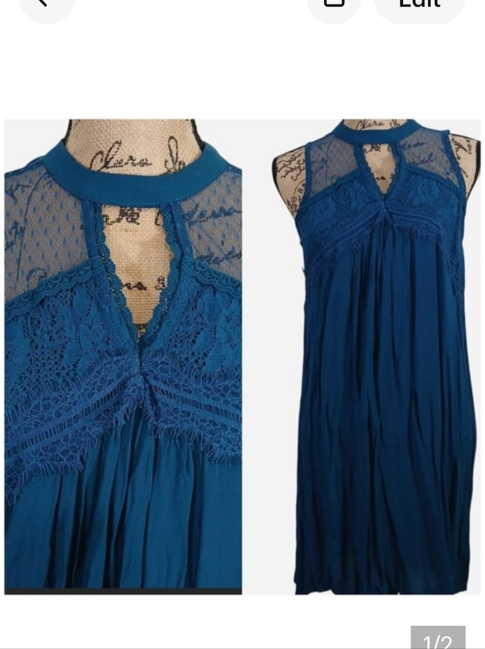 Xhiliration Teal Crinkle Gauze Lace Halter Mini Dress Medium